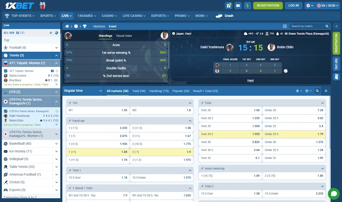 1xBet Popular Tennis Betting Markets Screenshot